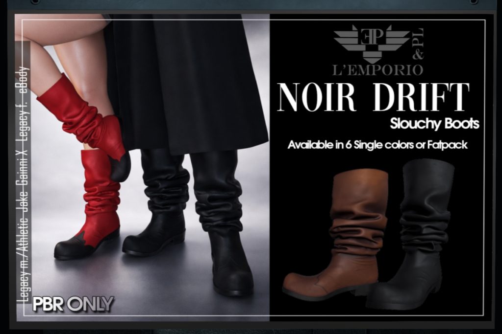 Noir Drift Slouch Boots - Gianni/Jake/Kario/LegacyM+F/Reborn/+mods, L$300 each/L$1300 FP
