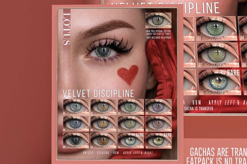 Velvet Discipline Eyes - BOM/EvoX, L$60 per play/L$2000 FP