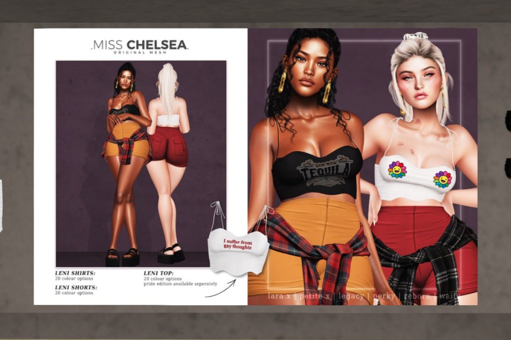 Leni Top, Shorts, &amp; Shirt - Legacy/MaitreyaX/Reborn/+mods, L$275-L$550 each/L$1499 each FP/L$L$2999 MP