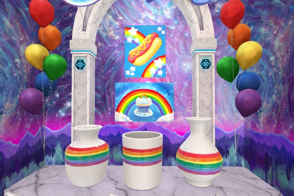 Rainbow Hot Dog and Rainbow Cupcake Paintings, L$250 each | White Rainbow Vase, Bowl and Tall Vase, L$150 each