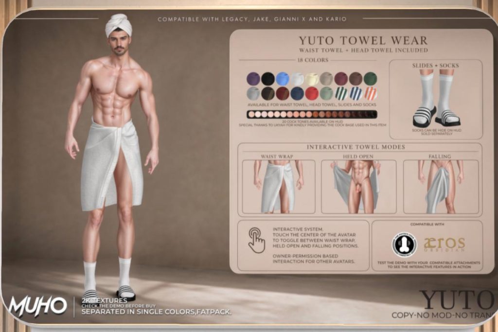 Yuto Towel Wear - GianniX/Jake/Kario/Legacy, L$189 each/L$1099 each FP/L$1499 MP