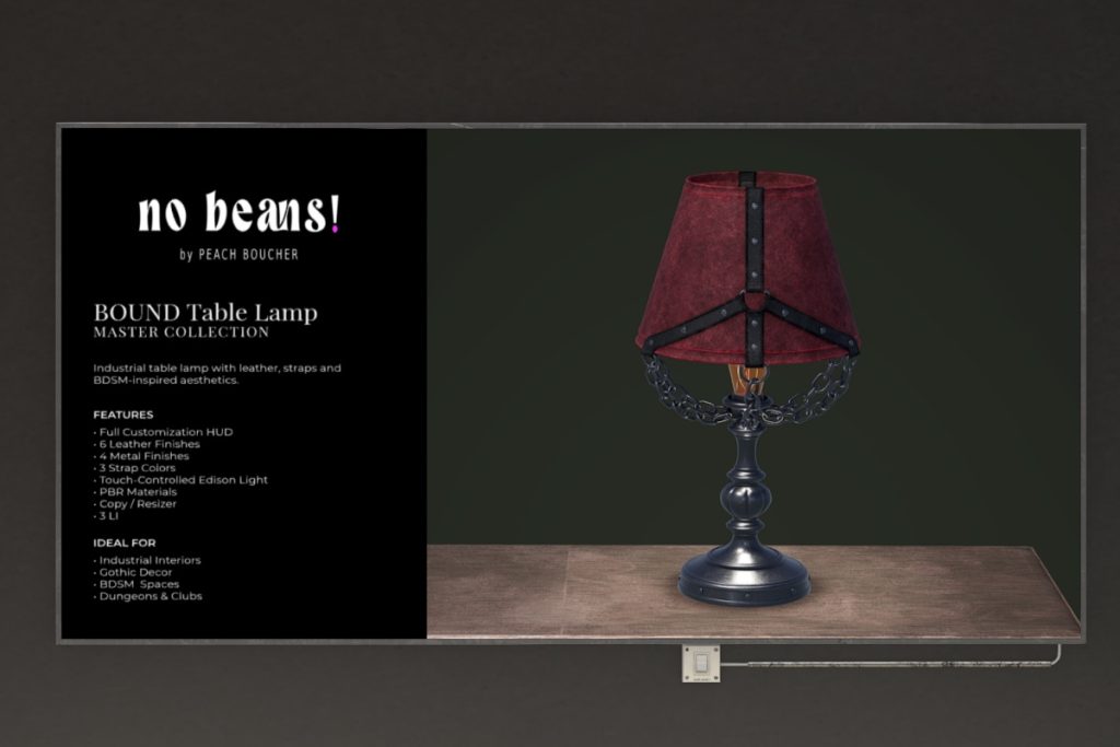 Bound Table Lamp, L$349 each/L$849 FP