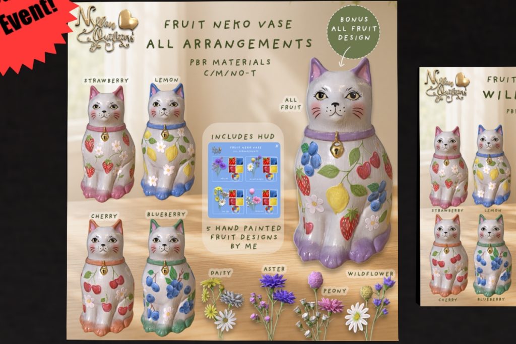 Fruit Neko Vases, L$188 each/L$700 FP