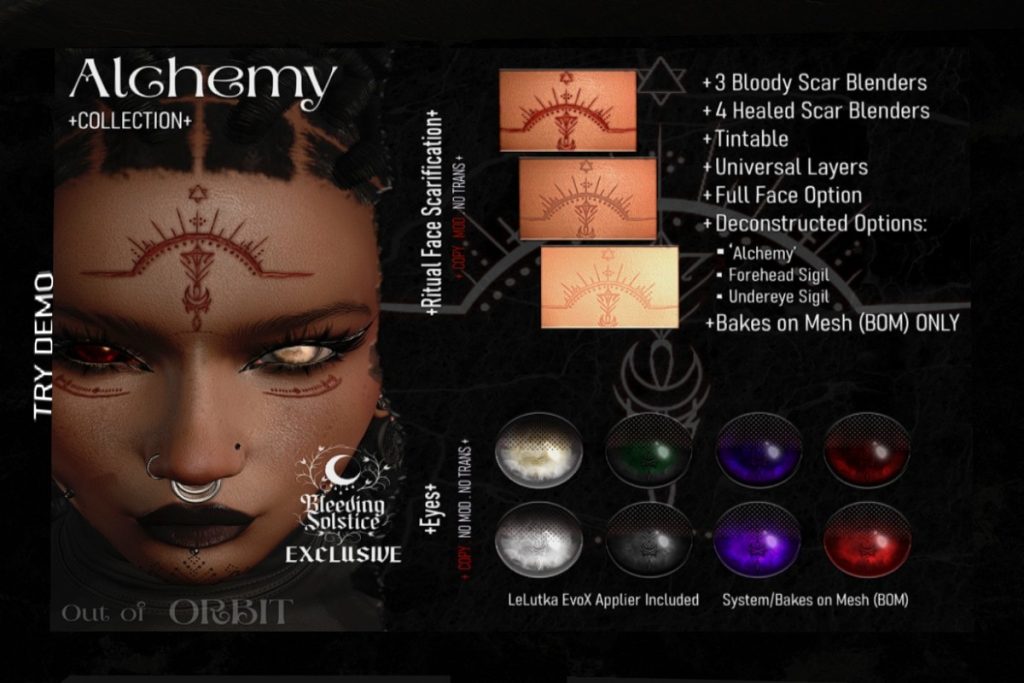 Alchemy Scarification - EvoX, L$299 | Alchemy Eye Lenses - BOM/EvoX, L$244