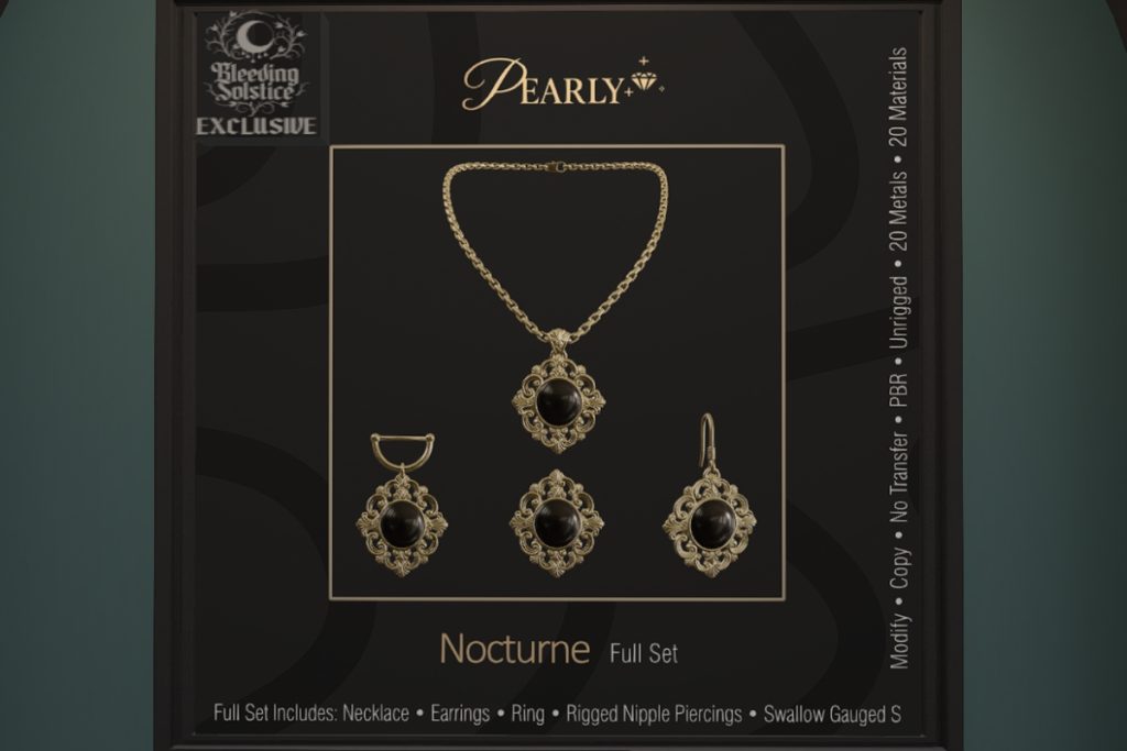 Nocturne Nipple Piercing - Legacy/MaitreyaX/Reborn/Unrigged/+mods, L$180 | Nocturne Ring, L$100 | Nocturne Necklace, L$200 | Nocturne Earrings - Swallow Gauged S Ears/Unrigged, L$150 each | Nocturne Full Set, L$730