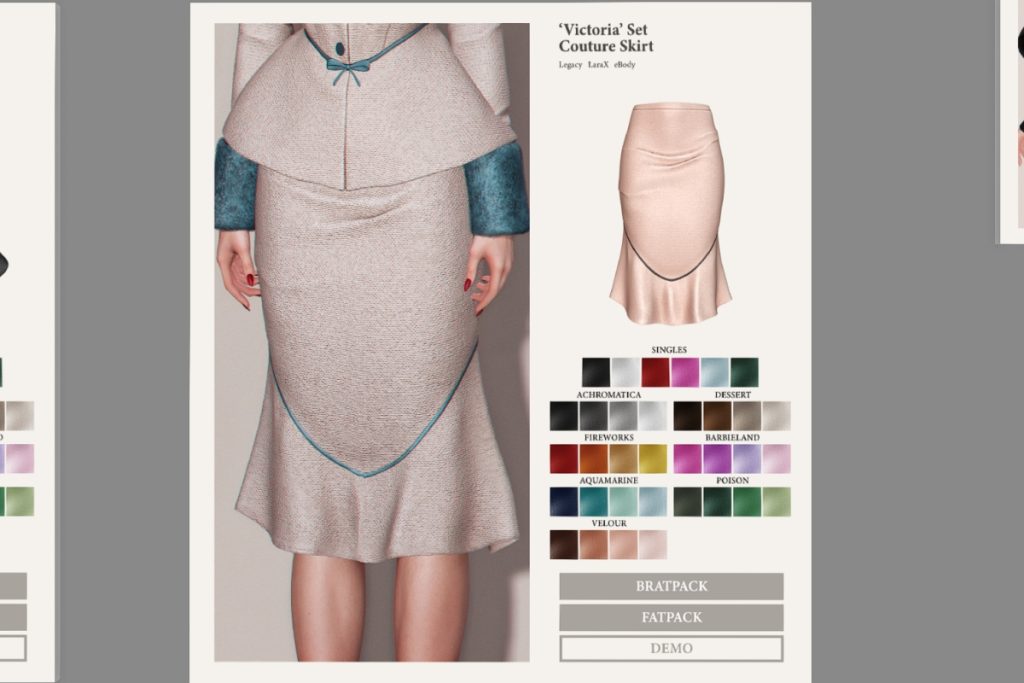 Victoria Set Couture Skirt - Legacy/MaitreyaX/Reborn, L$198 each/L$475 each Color Pack/L$875 FP/L$1475 MP w/ Jacket