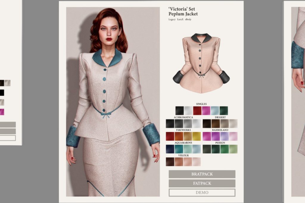 Victoria Set Peplum Jacket - Legacy/MaitreyaX/Reborn, L$198 each/L$475 each Color Pack/L$875 FP/L$1475 MP w/ Skirt