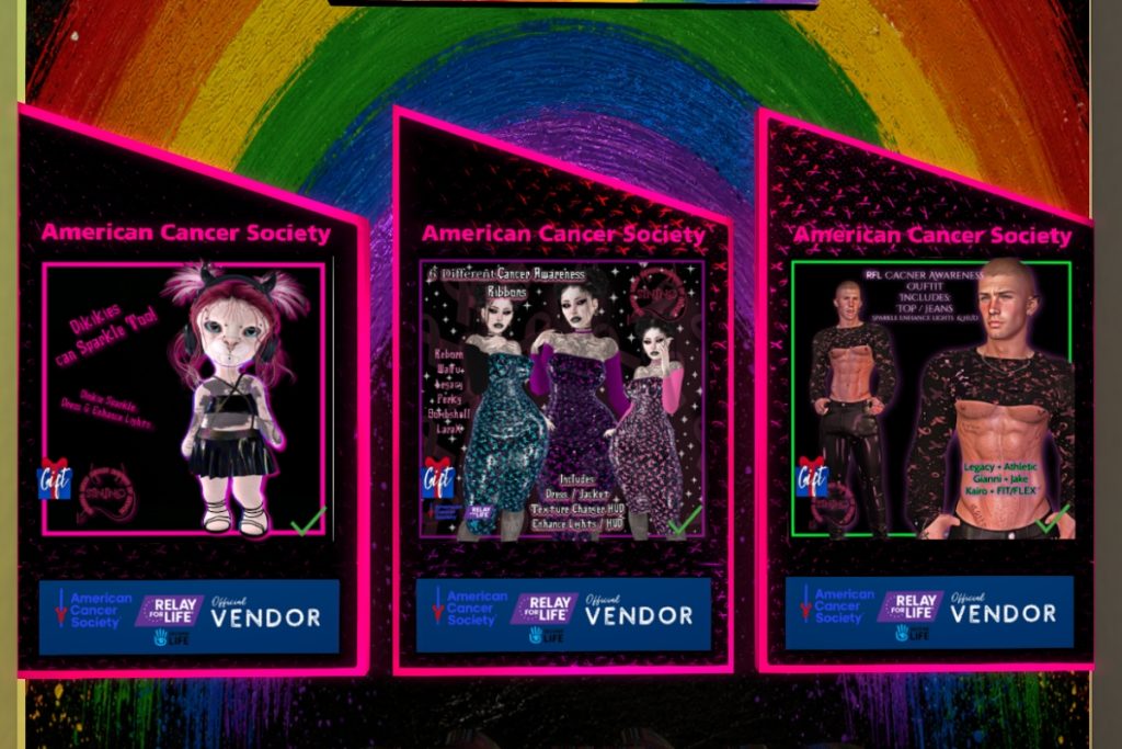 Dinkie Sparkle Dress &amp; Enhance Lights, L$198 | Cancer Awareness Ribbon Dress - Legacy/MaitreyaX/Reborn/+mods, L$498 | Cancer Awareness Outfit - Gianni/Jake/Kario Fit + Flex/Legacy/+mods, L$198