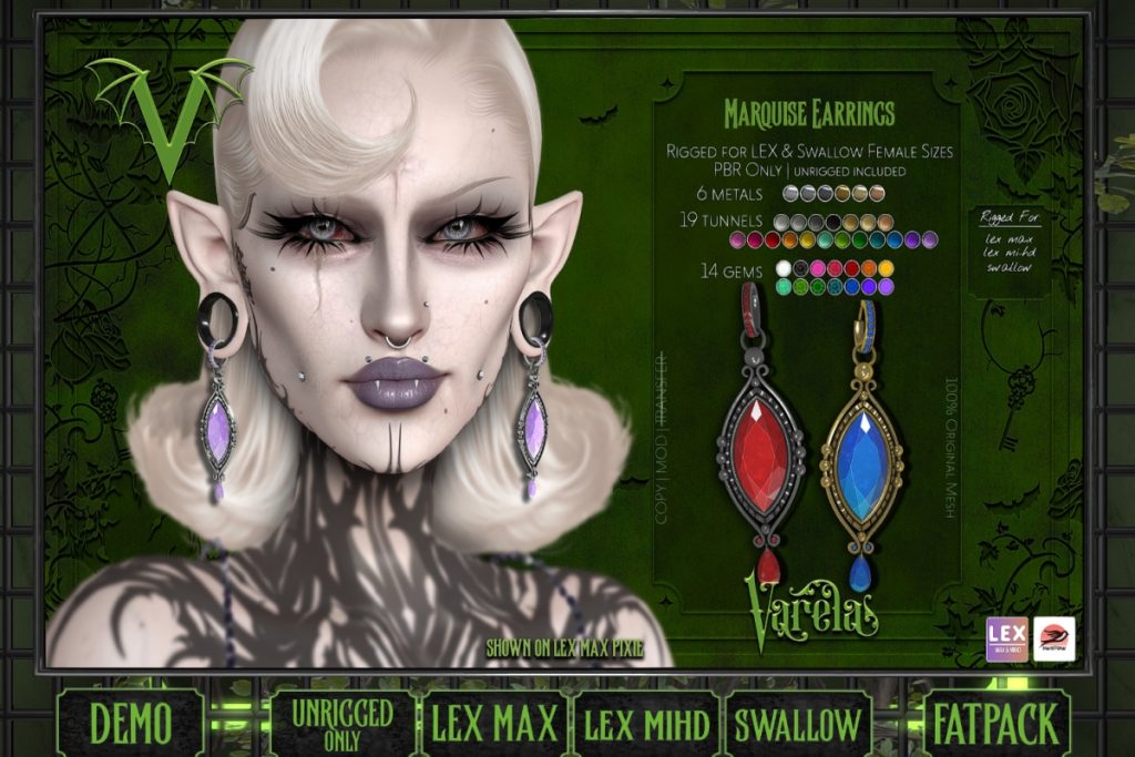 Marquise Earrings - Lex Ears/Swallow Ears/Unrigged, L$299-L$499 each/L$999 FP