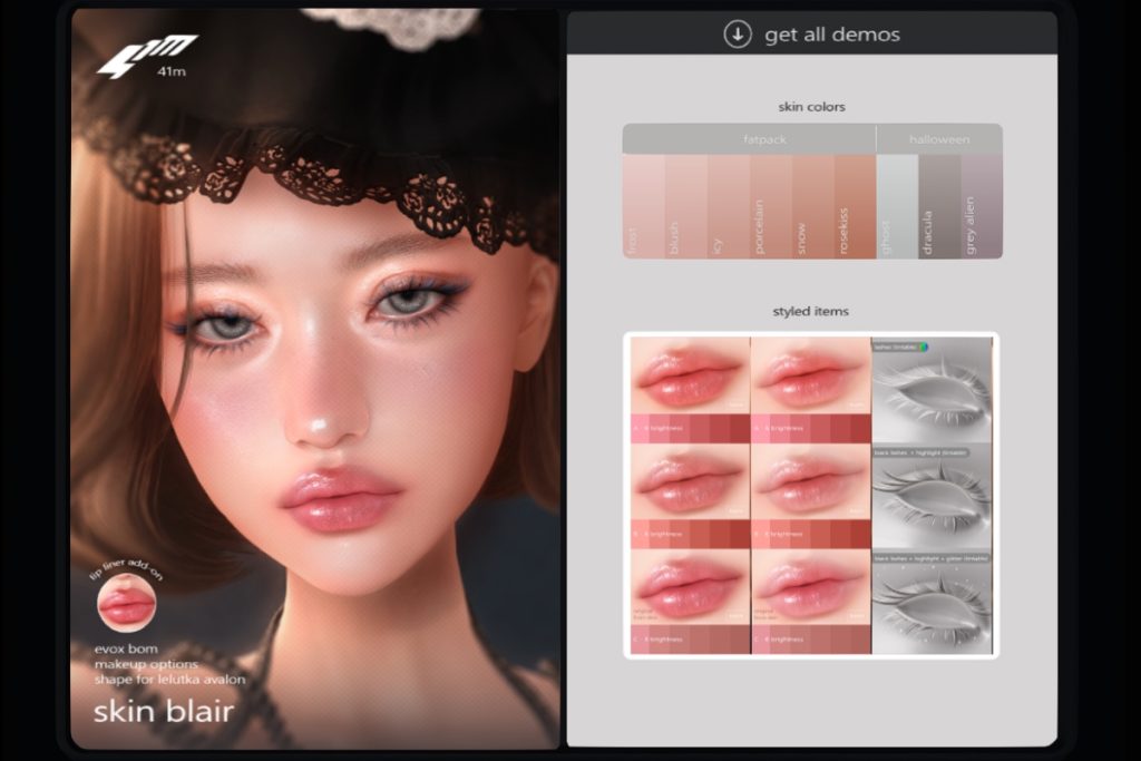 Blair Skin - EvoX, L$799 each/L$2099 FP | Blair Lips &amp; Lashes - EvoX, L$199-L$299 each