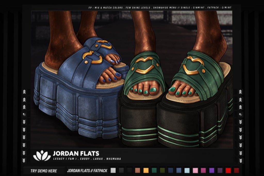 Jordan Flats - Legacy/MaitreyaX/Nhumana/Reborn/+mods, L$255 each/L$1250 FP