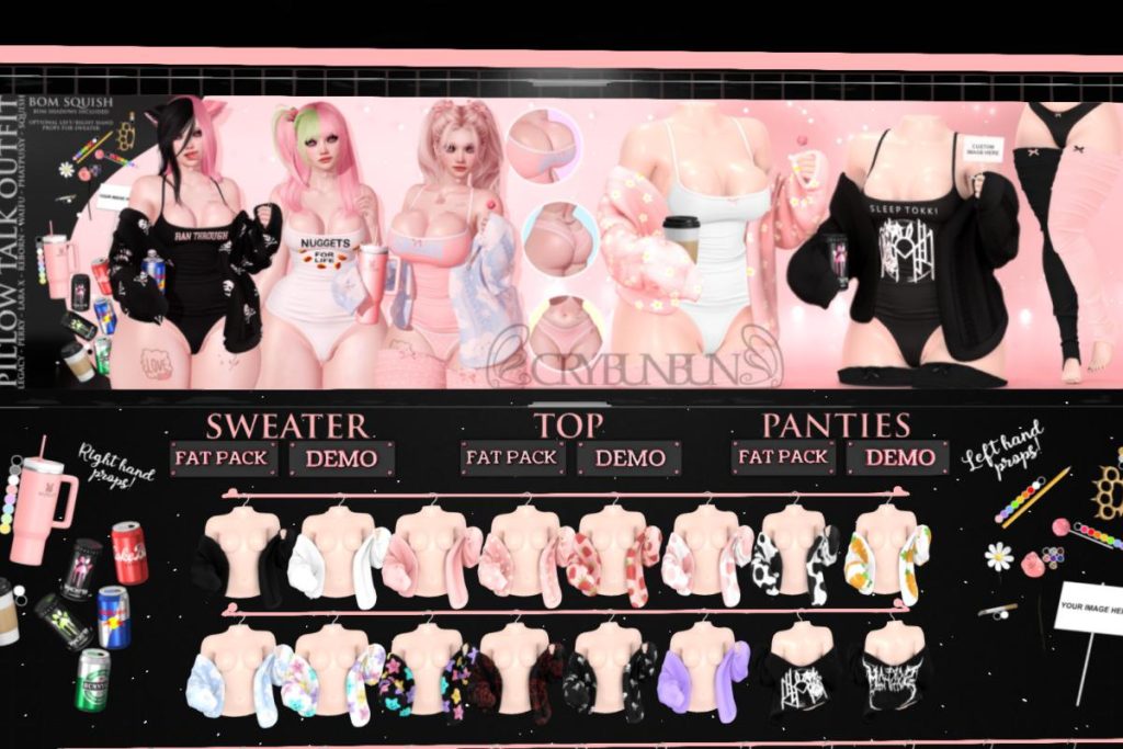 Pillow Talk Outfit - Legacy/MaitreyaX/Reborn/+mods, L$245-L$445 each/L$1250-L$2500 each FP/L$4999 MP