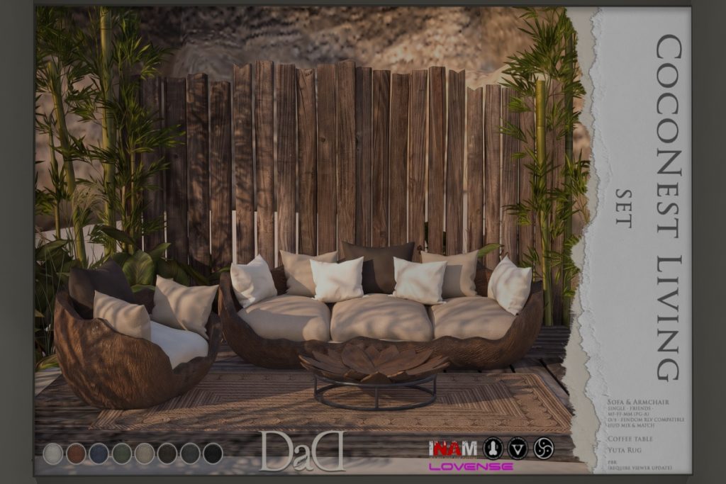 CocoNest Living Set, L$200-L$2180 each/L$1200-L$2850 each FP/L$3950 MP