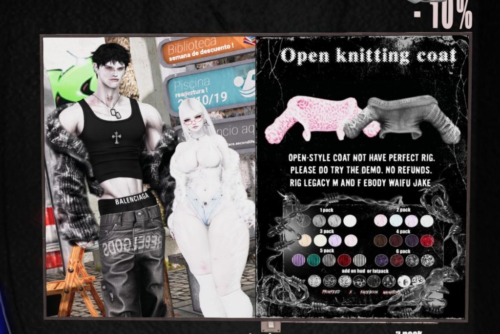Open Knitting Coat - Jake/Legacy F+M/Reborn/+mods, L$399-L$420 each/L$1350 FP