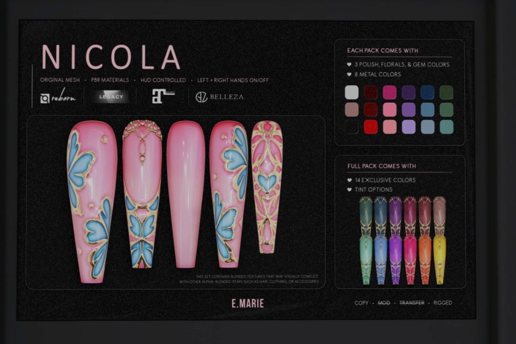 Nicola Nail Set - GenX/Legacy/Maitreya/Reborn, L$299 each/L$1299 FP