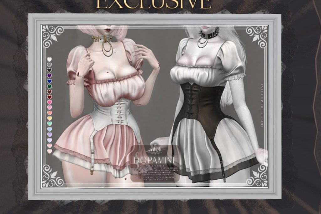 Dopamine Dress - Reborn/+mods, L$299 each/L$999 FP | Dopamine Choker - Reborn/Unrigged, L$299