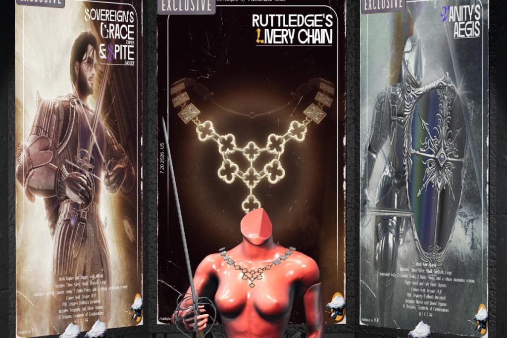 Soverign's Grace Rapier, L$1299 | Ruttledge's Livery Chain, L$499 | Vanity's Aegis, L$799