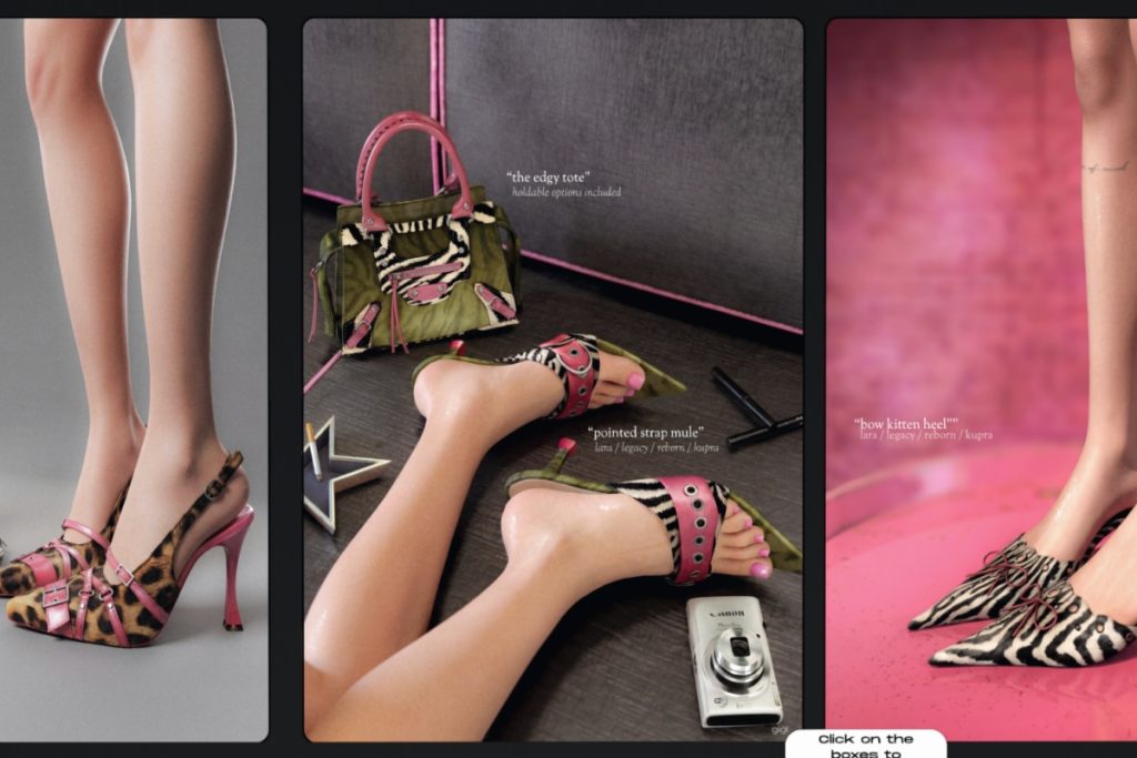 The Edgy Tote, L$200 each/L$599  | Pointed Strap Mule - Legacy/Reborn, L$250 each/L$899 FP