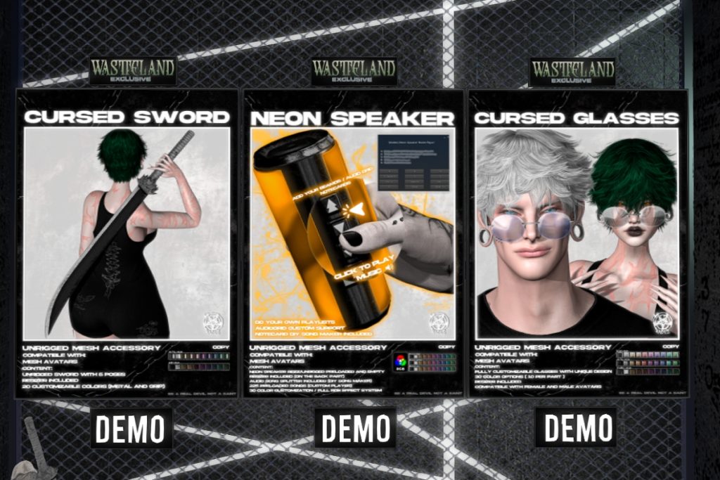 Cursed Sword Holdable, L$249 | Neon Speaker Holdable, L$399 | Cursed Glasses, L$349