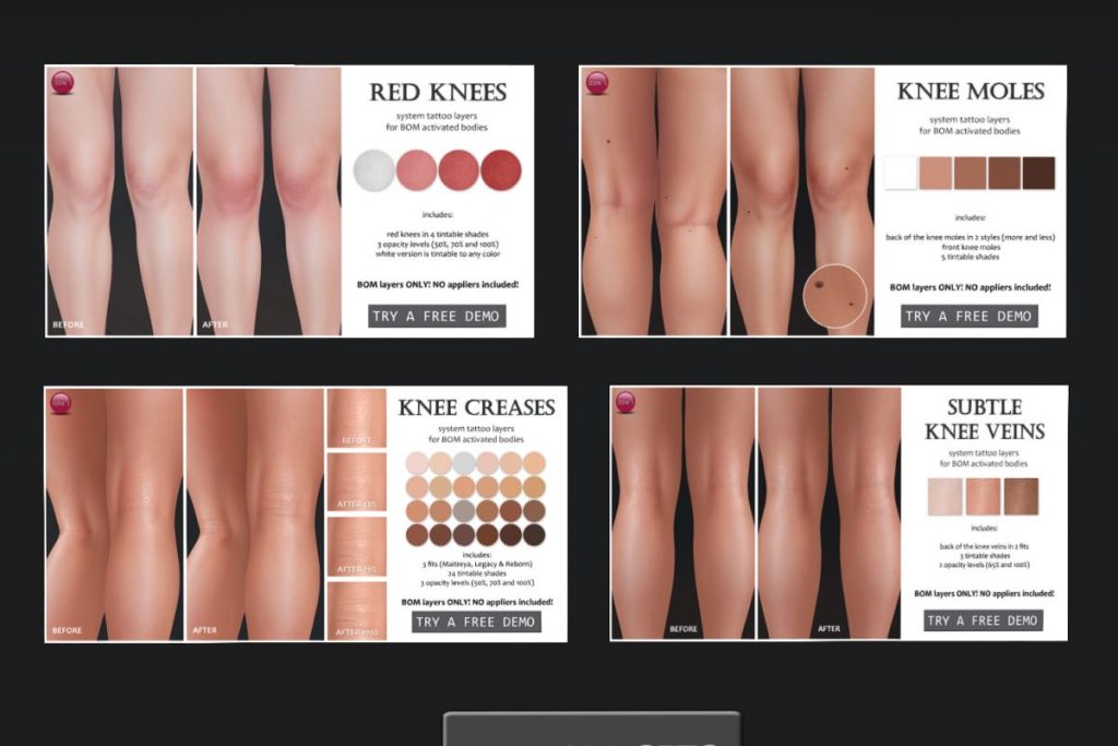 Red Knees, Knee Moles. Knee Creases, &amp; Subtle Knee Veins, L$100-L$149 each