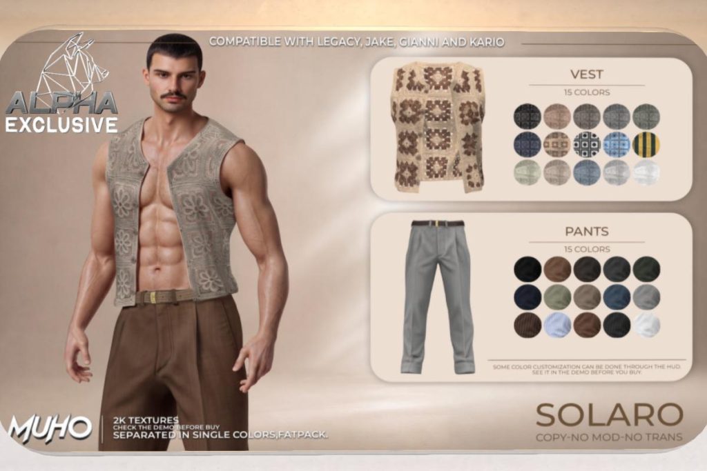 Solaro Set - Gianni/Jake/Kario/Legacy, L$149-L$189 each/L$899-L$1099 each FP/L$1699 MP