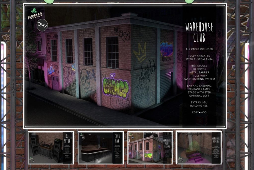 Warehouse Club Building and Decor, L$500-L$800 each/L$2500 FP
