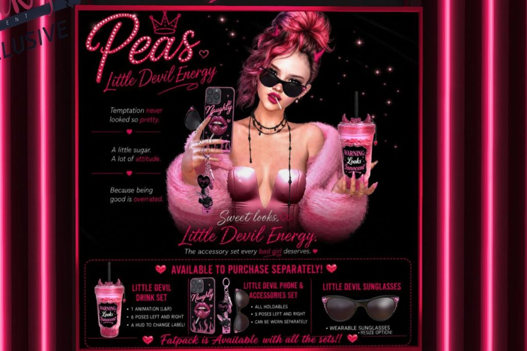 Little Devil Energy Drink, Accessories, &amp; Sunglasses, L$199-L$399 each/L$800 FP