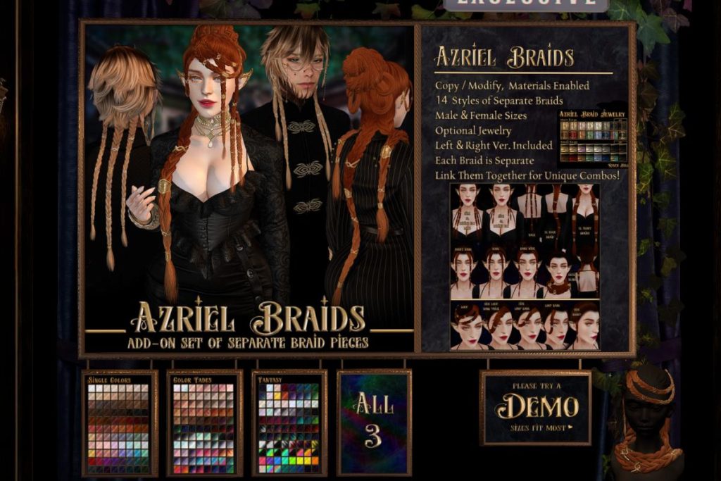 Azriel Braids, L$350 each/L$950 FP