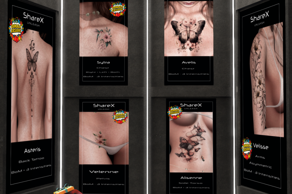 Astereris Back Tattoo/Sylira Chest Tattoo/ Velenne Pelvis Tattoo/Alisenne Side Torso Tattoo/Velisse Arm Tatto, L$200-L$150 each