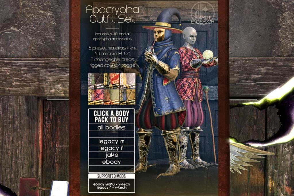 Apocrypha Outfit Set - Jake/Legacy M+F/Reborn/+mods, L$1750 each/L$2985 FP
