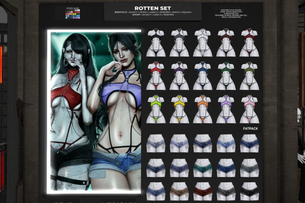 Rotten Bodysuit and Shorts - Legacy/MaitreyaX/Nhumana/Reborn/+mods, L$299 each/L$2599-L$2999 each FP/L$4799 MP