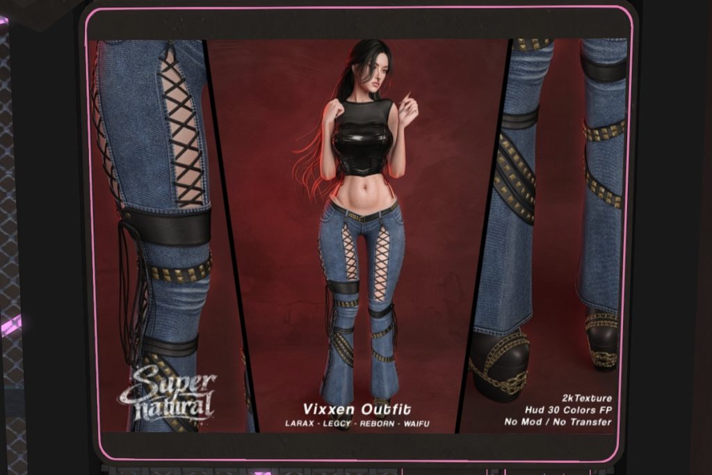 Vixxen Top, Pants and Boots - Legacy/MaitreyaX/Reborn/+mods, L$188-L$198 each/L$999-L$1098 each FP/L$2388 FP