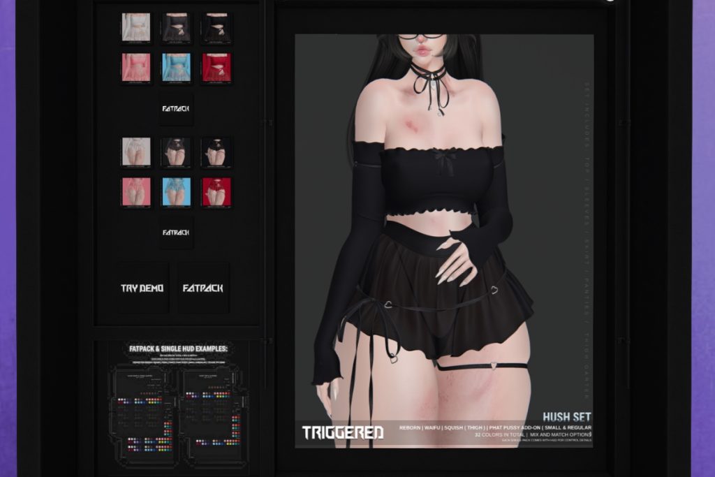Hush Top &amp; Sleeves and Skirt &amp; Thigh Garter - Reborn/+mods, L$250-L$275 each/L$1600-L$1700 each FP/L$2100 MP