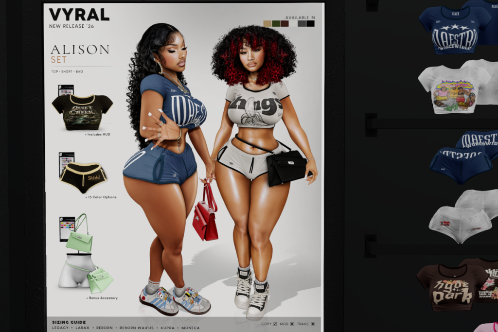 Alison Shirt and Shorts, Legacy/Inithium/Maitreya/Reborn/Yentements/+mods, L$299 each/L$1299 FP