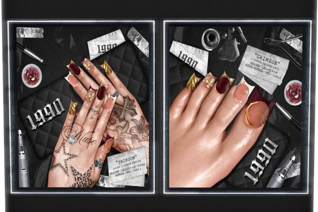 Crimson Short C-Curve Square Nails &amp; Pedi - BBL/Inithium/LegacyF+M/Reborn/MaitreyaX/Yentements, L$199-L$220 each