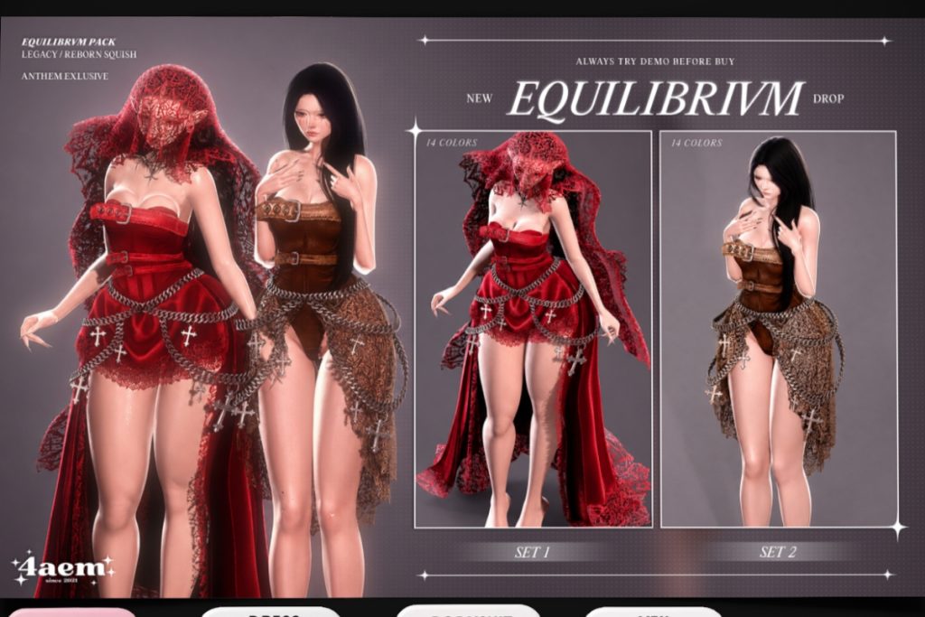 Equilibrivm Dress, Bodysuit, and Veil - Legacy/Reborn Squish, L$289 each/L$499-L$899 each FP/L$1899 MP