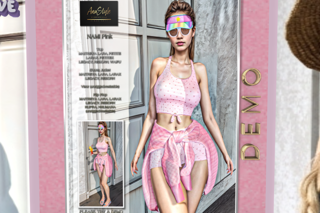Nami Top, Shorts, Jacket, Visor &amp; Sandals - Inithium/Legacy/Maitreya/Nhumana/Reborn/+mods, L$99-$199 each/L$555-L$1115 each FP