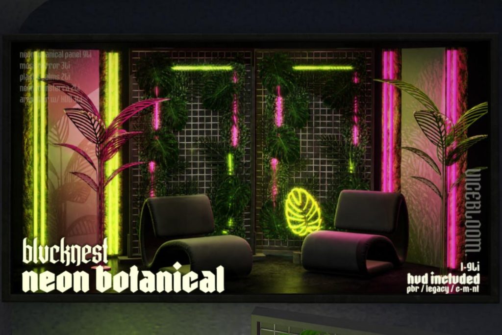 Neon Botanical Furniture Set, L$88-L$288 each/L$488-L$588 each FP