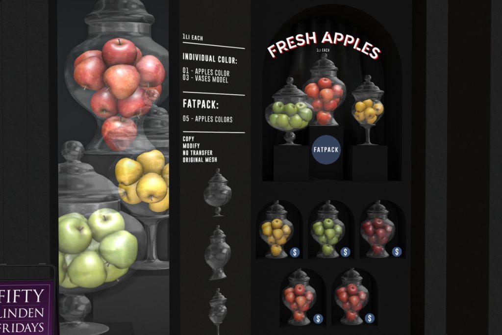 Fresh Apples Decor	<a href="https://maps.secondlife.com/secondlife/AM%20corporate/93/83/1508" target="_blank">Teleport</a>