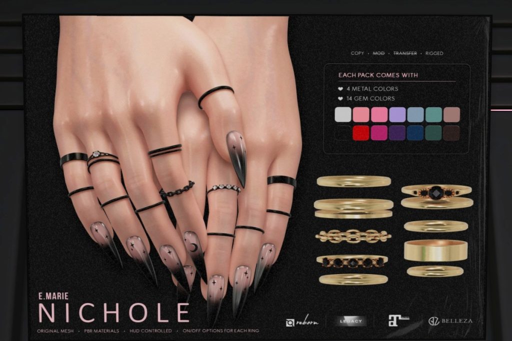 Nichole Rings - GenX/Legacy/Maitreya/Reborn, L$299 each