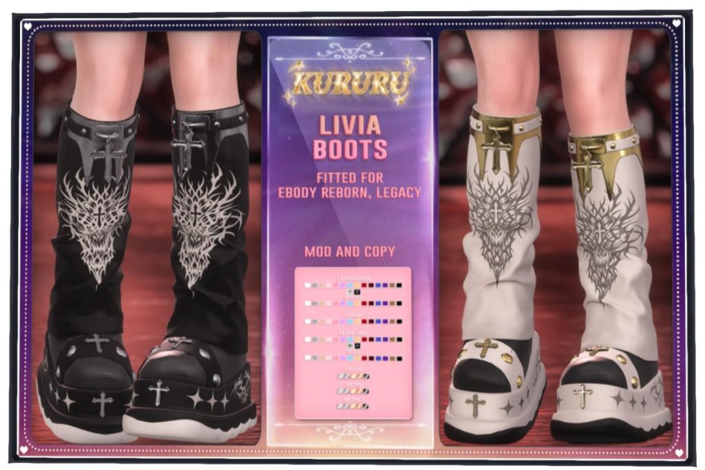 Livia Boots - Legacy/Reborn, L$488 each/L$888 FP