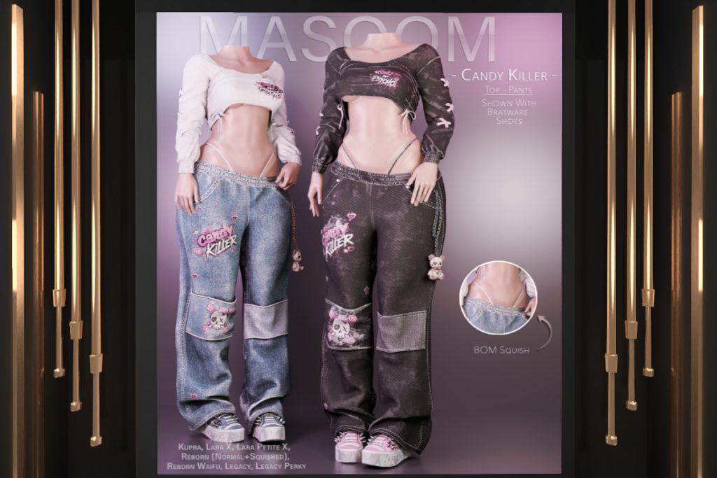 Candy Killer Top and Pants - Inithium/Legacy/MaitreyaX/Reborn/+mods, L$255 each/L$1555 each FP/L$2555 MP