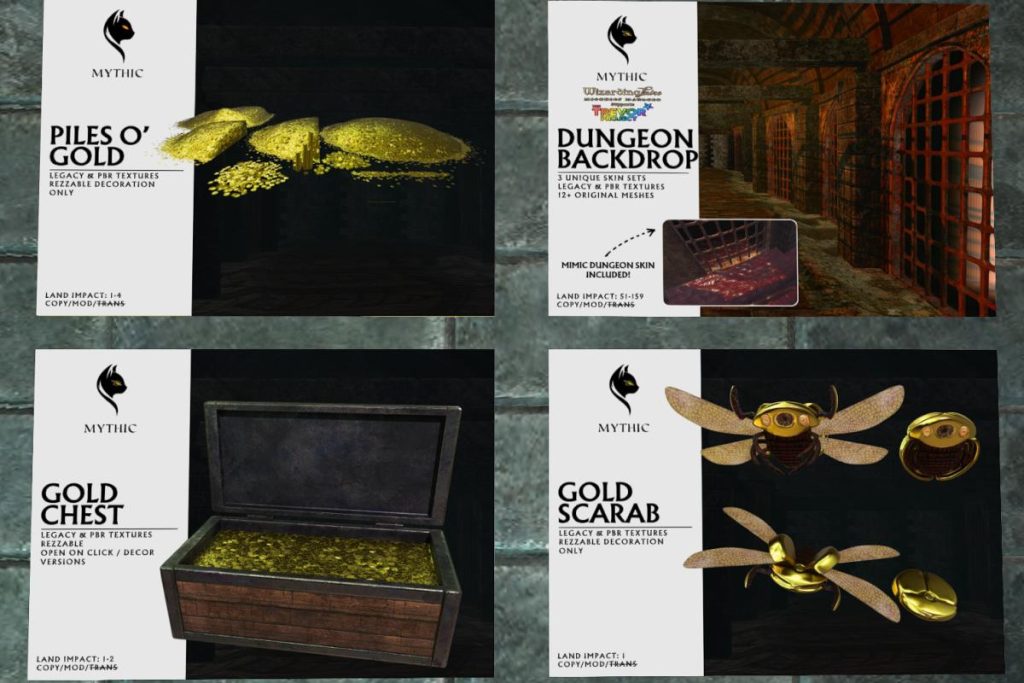 Piles O'Gold, L$250 | Dungeon Backdrop, L$900 | Gold Chest, L$300 | Gold Scarab, L$300