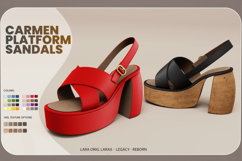 Carmen Platform Sandels - Legacy/Maitreya/Reborn/+mods, L$299 each/L$999 FP