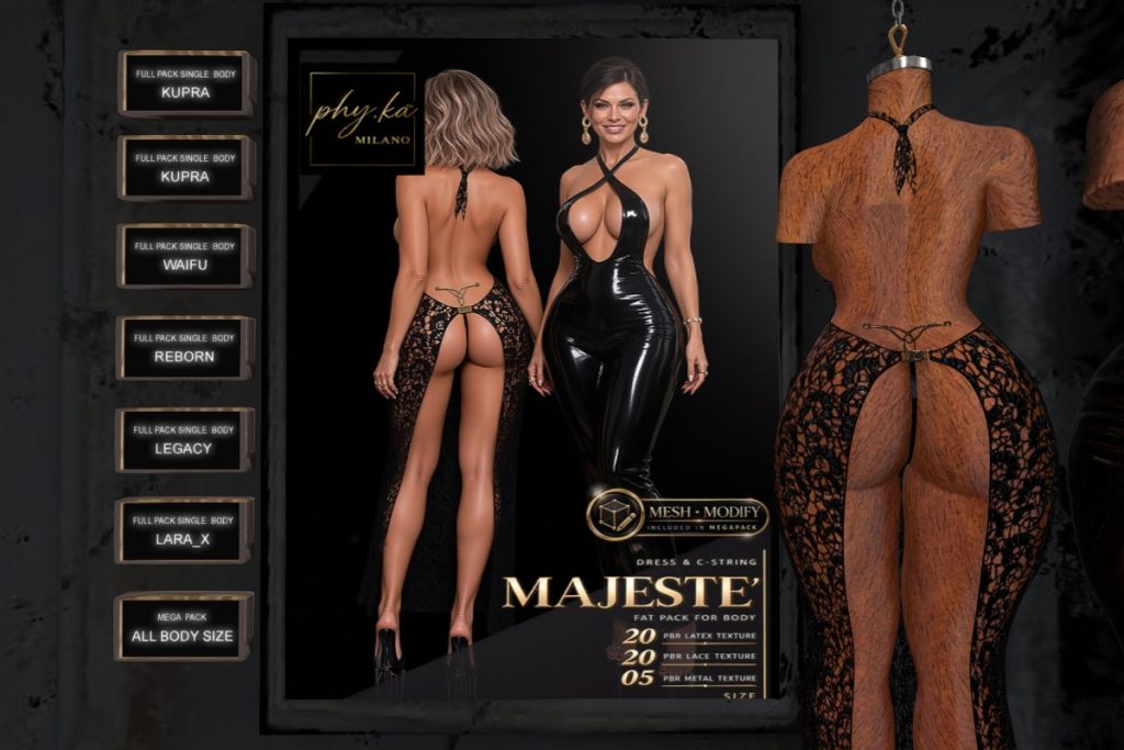Majeste' Dress &amp; C-String - Inithium/Legacy/MaitreyaX/Reborn/+mods, L$699 each/L$1999 FP