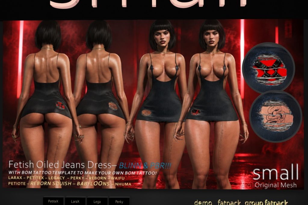 Fetish Oiled Jeans Dress - Legacy/MaitreyaX/Nhumana/Reborn/+mods, L$699 each/L$1999 FP