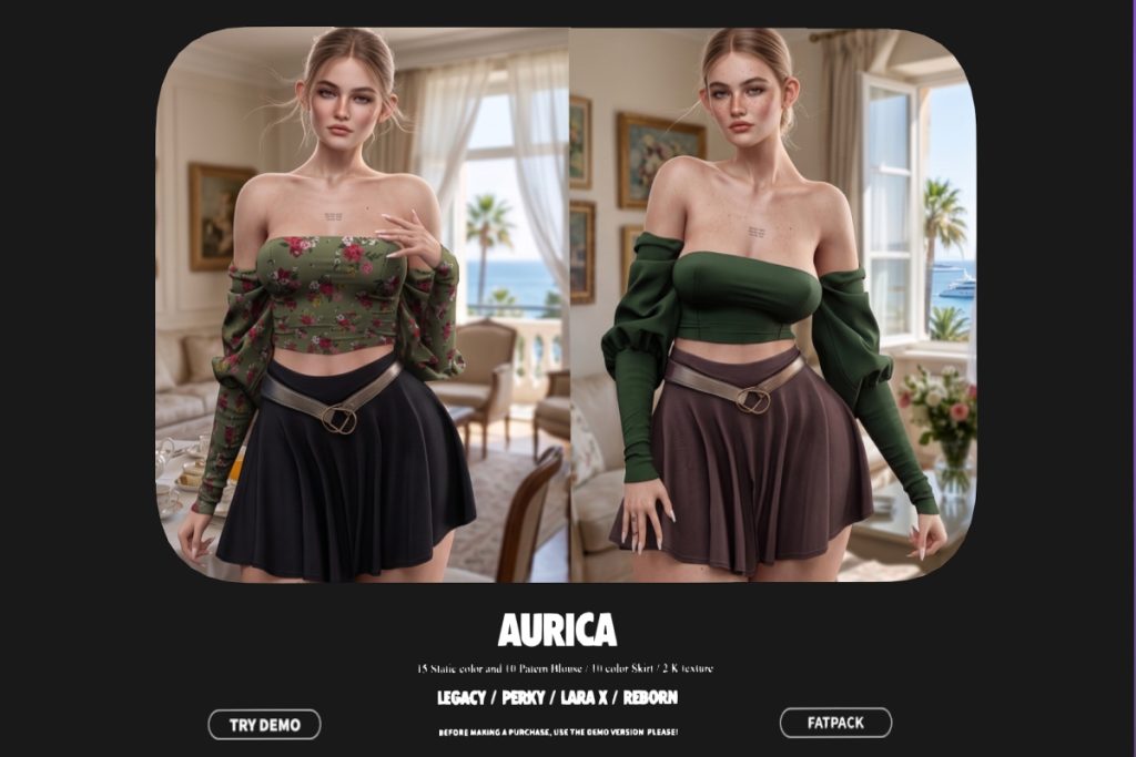 Aurica Blouse and Skirt - Legacy/MaitreyaX/Reborn/+mods, L$389-L$399 each/L$2799-L$2999 each FP