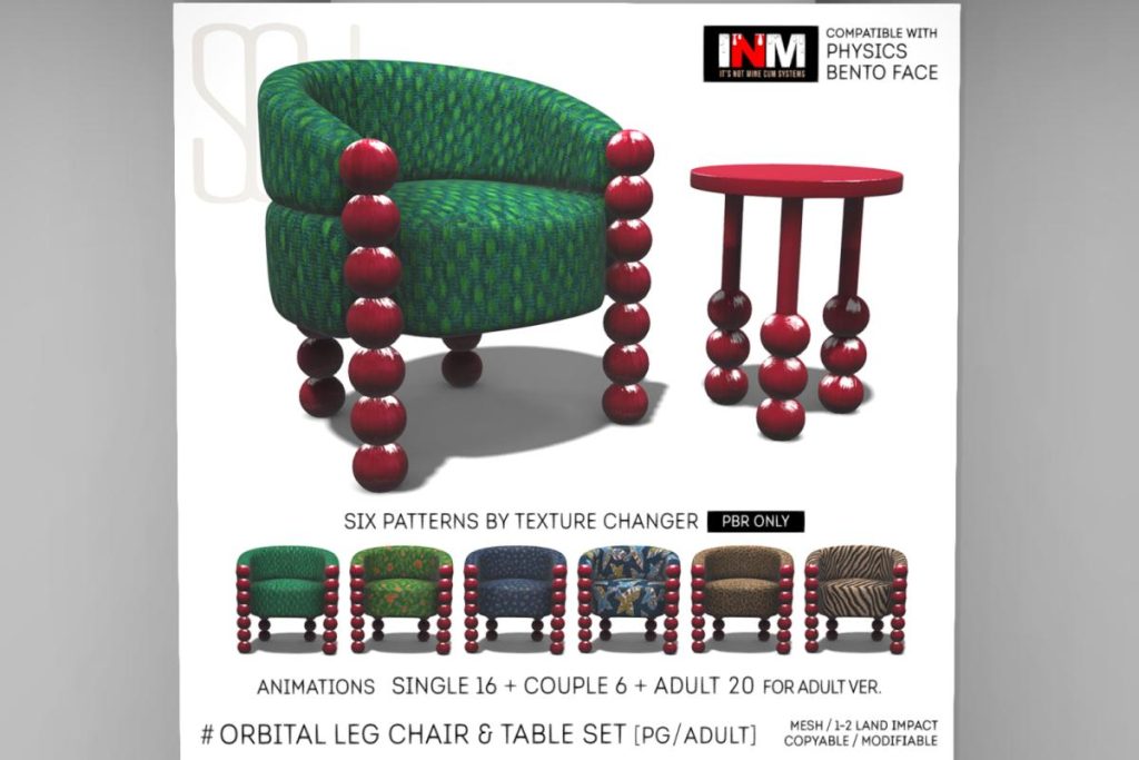 Orbital Leg Chair and Table Set, L$288-L$388 each