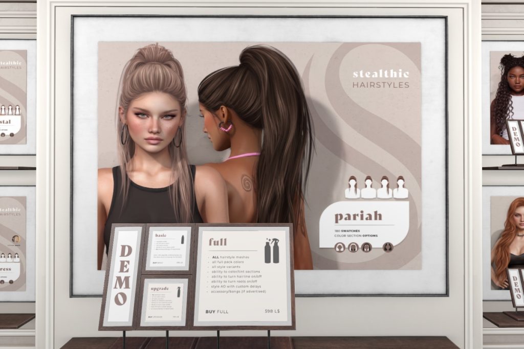 Pariah Hair, L$199-L$399 each/L$598 FP