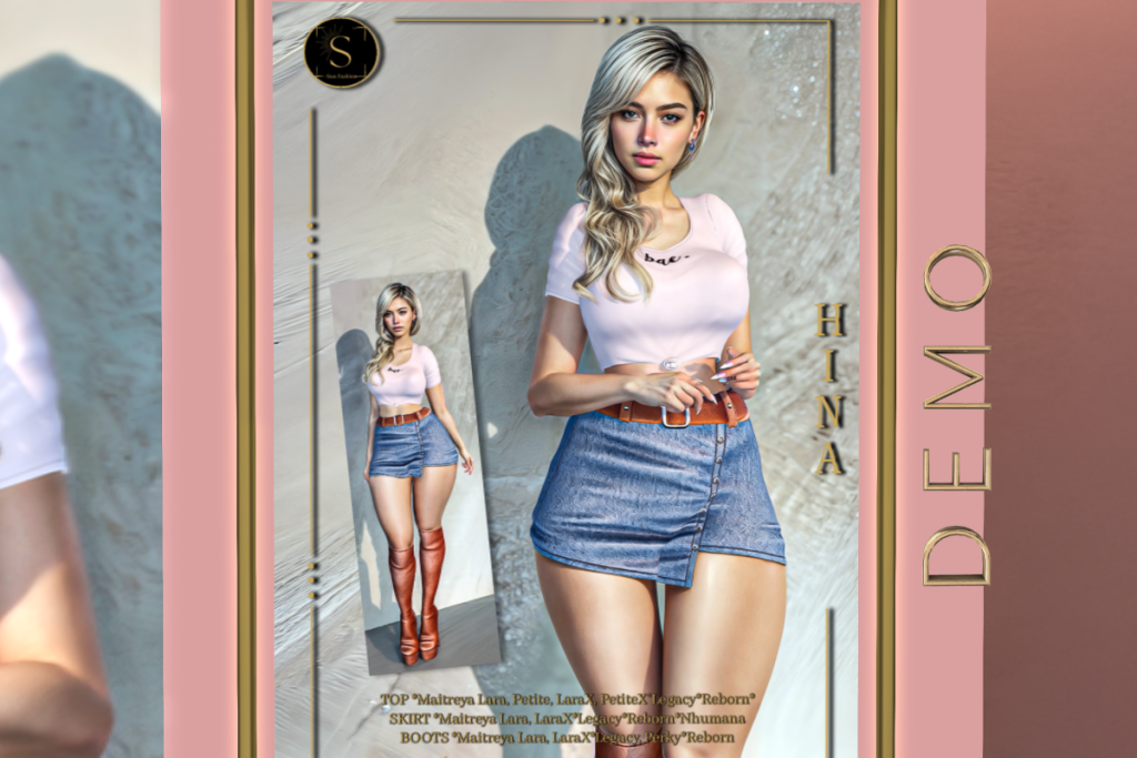 Hina Top, Skirt, Belt &amp; Boots - Legacy/Maitreya/Nhumana/Reborn/+mods, L$99-L$199 each/L$208/L$699 each FP
